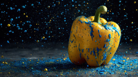 This visually striking image features a yellow bell pepper surrounded by a dynamic splash of colorful paint against a dark background. Perfect for food art themes.の素材