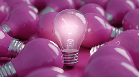 A striking image featuring a unique light bulb at the center, surrounded by a sea of pink bulbs, symbolizing creativity and modern design.の素材
