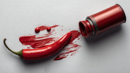 A striking arrangement featuring a vibrant red chili pepper alongside a paint spill creates a bold and artistic visual. The clean background accentuates the vivid colors and textures, making it perfect for culinary or artistic themes.の素材