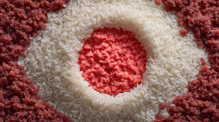This captivating food art showcases white rice arranged in a circular design with vibrant crushed ingredients, creating an eye-catching visual display perfect for culinary inspiration.の素材