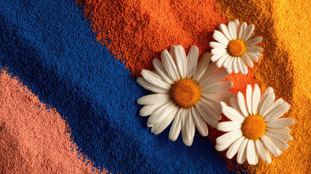 A stunning display of colorful powder arranged elegantly with delicate white daisies creates an eye-catching artistic scene, perfect for crafting projects.の素材