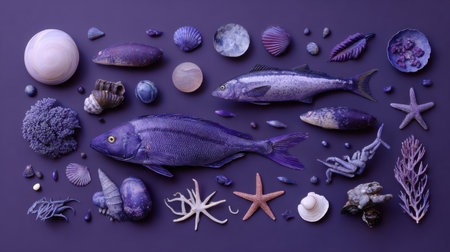 A stunning collection of sea creatures and marine elements showcases a harmonious blend of purple hues against a soft background. Perfect for nature lovers.の素材