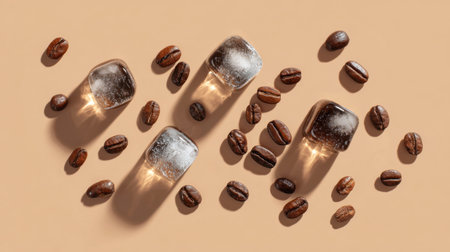 A stylish arrangement of coffee ice cubes on a warm beige surface with coffee beans scattered around, perfect for refreshing drink inspiration.の素材