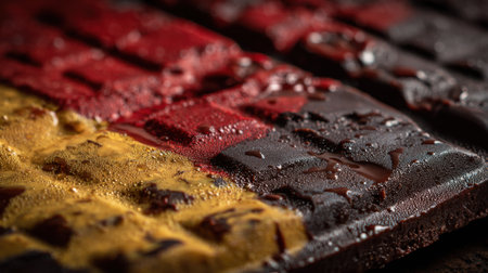This detailed close-up shows a chocolate waffle drizzling with liquid chocolate, beautifully showcasing colors reminiscent of the German flag.の素材