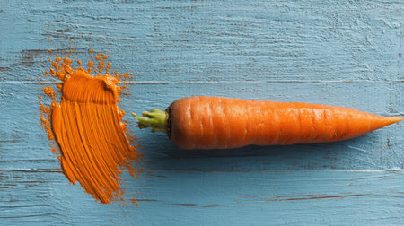 A vibrant fresh carrot lies on a blue wooden surface, accompanied by an artistic stroke of orange paint, symbolizing creativity in food.の素材