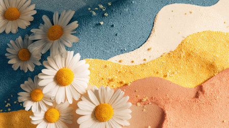 A beautiful arrangement of white daisies on a vibrant sandy background showcasing shades of blue, yellow, and pink. This colorful composition brings warmth and creativity perfect for spring and summer themes.の素材