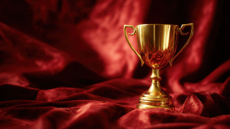 A beautiful golden trophy sits on luxurious red silk fabric, symbolizing achievement and success. Perfect for award ceremonies, this elegant image conveys prestige and recognition.の素材