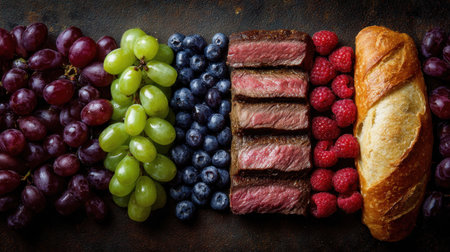 This stunning still life features a vibrant display of fresh fruits, succulent steak slices, and artisan bread, showcasing rich colors and textures.の素材