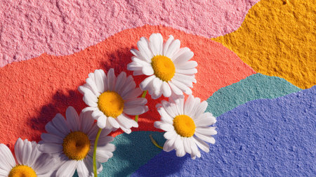 A charming arrangement of vibrant daisies rests against a colorful textured background. The interplay of pink, orange, lavender, and blue shades brings a sense of freshness and joy, perfect for artistic projects.の素材