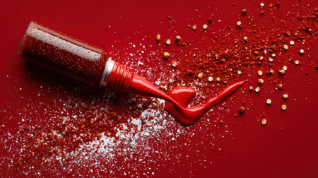 A striking composition featuring a vibrant red nail polish spilling majestically across a bold red background, accented with spices.の素材