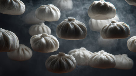 A mesmerizing scene featuring floating steamed buns enveloped in wisps of vapor, ideal for food photography or culinary projects.の素材