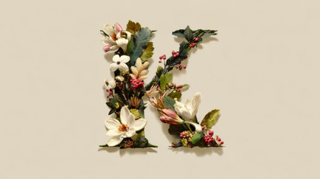 This unique letter K made from an arrangement of dried flowers and leaves showcases natural beauty and creativity. Perfect for design projects.の素材