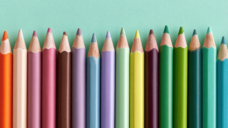 A vibrant array of colorful drawing pencils set against a soft pastel background, ideal for educational and creative projects.の素材