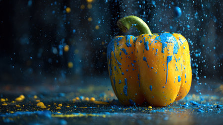 A vibrant yellow bell pepper is splashed with dynamic blue paint, creating an artistic visual effect against a dark background, showcasing creativity.の素材