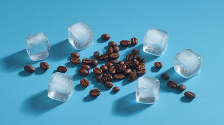 A vibrant blue background highlights the appealing arrangement of ice cubes and coffee beans, perfect for beverage-themed designs and culinary concepts.の素材