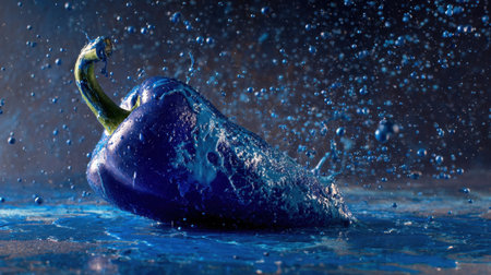 This stunning image features a vibrant blue bell pepper splashing amidst droplets of water, capturing the essence of freshness and creativity. Perfect for culinary themes.の素材