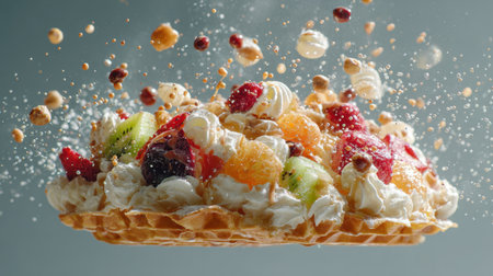 A delectable waffle piled high with a mix of fresh fruits, whipped cream, and crunchy toppings, creating an enticing explosion of flavors and colors.の素材