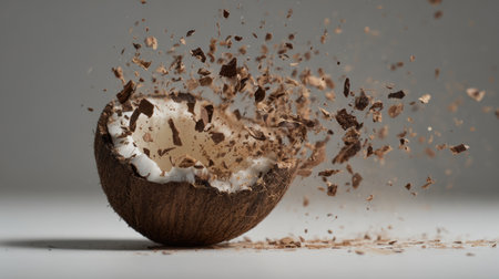 A stunning image of a cracked coconut half exploding, showcasing its white flesh and bits of shell flying. Perfect for food and culinary projects.の素材