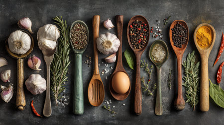 This captivating image showcases an array of fresh herbs, spices, and cooking tools elegantly arranged on a dark stone background, perfect for culinary projects.の素材