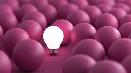 A captivating composition featuring a glowing light bulb positioned among pink spheres, symbolizing creativity and innovation amidst monotony.の素材