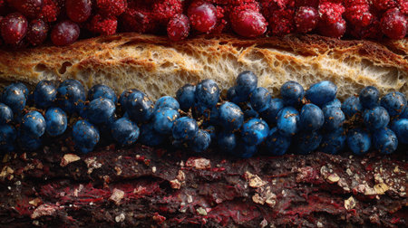 A stunning close-up of assorted fresh berries and crunchy bread, showcasing vibrant colors and rich textures. Perfect for food enthusiasts.の素材
