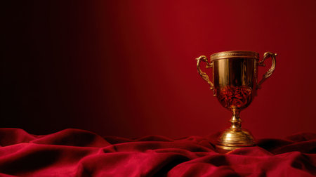 This stunning image showcases a golden trophy elegantly placed on rich red velvet, symbolizing achievement and success in awards and competitions.の素材