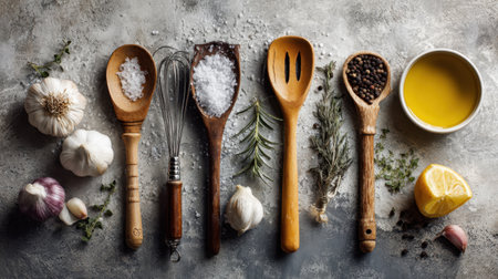 A top-down view featuring an array of cooking ingredients and utensils on a textured grey surface, capturing the essence of culinary arts and rustic cooking.の素材