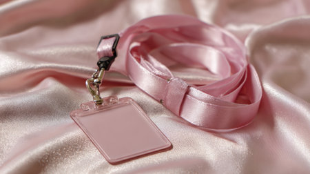 A soft pink satin lanyard with an empty ID badge rests on draped fabric, perfect for events, conferences, or personalized uses.の素材