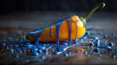 A striking yellow chili pepper rests on a dark surface, with vivid blue drips cascading down and water droplets enhancing its vibrant look.の素材