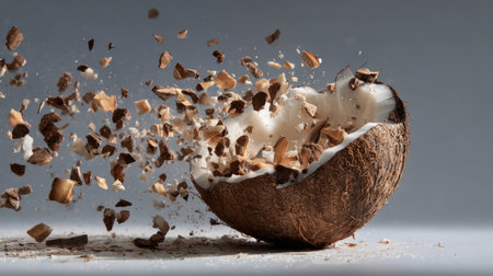 This dynamic image features a coconut shell exploding, sending shards and flakes into the air against a gray backdrop. Ideal for food and nature themes.の素材