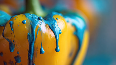 Captivating close-up of a yellow bell pepper adorned with dripping blue paint, showcasing a creative blend of food and art. Perfect for innovative culinary visuals.の素材