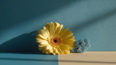 A bright yellow gerbera daisy accompanied by a delicate blue flower, set against a two-tone background, creates a fresh and vibrant visual ideal for floral design.の素材