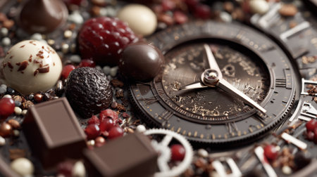 This stunning arrangement features a chocolate clock face surrounded by an assortment of fresh berries and decorative candies, showcasing luxury and indulgence.の素材