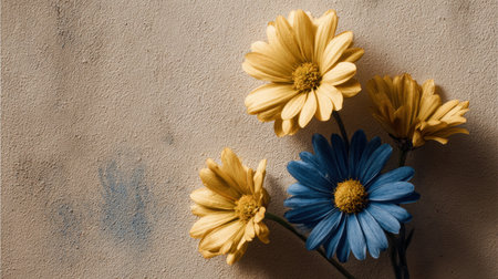 A captivating arrangement of vibrant yellow and blue flowers set against a textured background, perfect for enhancing artistic and creative designs.の素材