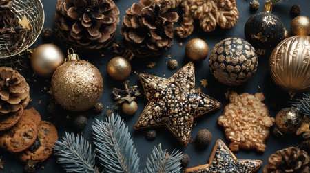 An exquisite display of Christmas decorations featuring elegant ornaments, pine cones, and gourmet cookies, creating a festive and luxurious atmosphere perfect for celebrations.の素材