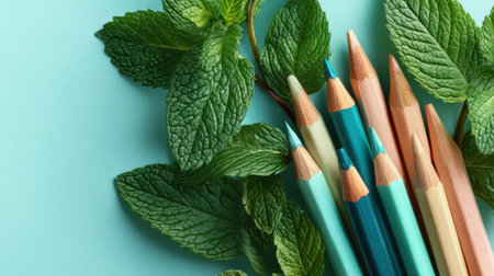 A vibrant collection of colorful pencils arranged beside fresh mint leaves on a soft blue surface, perfect for artistic endeavors.の素材