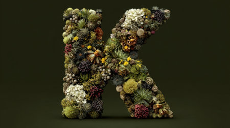 This stunning floral letter K showcases a rich array of plants and flowers, set against a dark background. Perfect for nature-themed projects.の素材