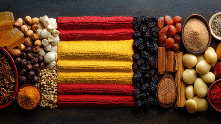 Explore a stunning composition of spices, nuts, and dried fruits arranged artistically on a textured background, perfect for culinary inspiration.の素材