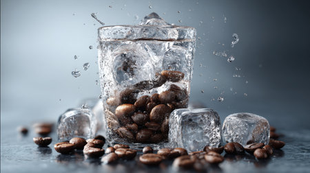A captivating image showcasing a glass filled with water, coffee beans, and ice cubes, creating a dynamic splash effect on a dark background.の素材