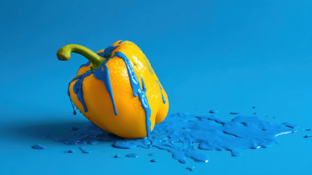 A vibrant yellow pepper sits against a bright blue background, adorned with dripping blue paint, showcasing a unique blend of food and art.の素材
