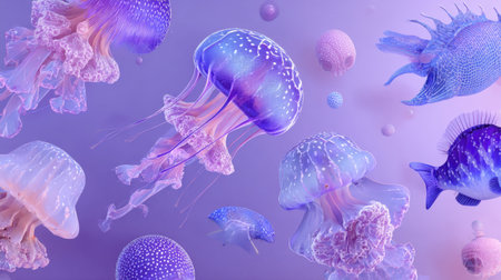 A mesmerizing illustration of vibrant jellyfish and sea creatures drifting through a dreamy purple underwater world, evoking tranquility and beauty.の素材