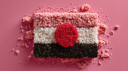This vibrant arrangement showcases a flag design made from rice and grains on a playful pink background. Ideal for creative and food-themed projects.の素材