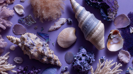 This stunning image displays a vibrant array of shells and coral pieces set against a purple background, highlighting marine biodiversity and natural beauty.の素材