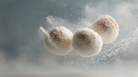 This captivating image features three sugar-dusted spheres floating gracefully in the air, creating a whimsical and dreamy effect. Ideal for food-related content.の素材