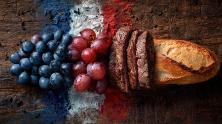 This artistic food composition features grapes, bread, and meat arranged to mimic the colors of the French flag, showcasing vibrant hues on a rustic wooden background.の素材