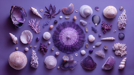 An artistic arrangement of diverse seashells and marine objects on a vibrant purple background. Perfect for coastal-themed decor, this composition exudes tranquility and inspiration from nature's beauty.の素材