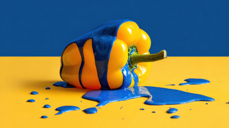 A striking image of a yellow bell pepper with blue paint cascading down its surface, set against a bold yellow background, creating a visually engaging composition.の素材