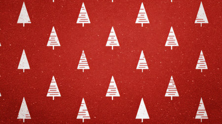 This vibrant red background features a charming pattern of white Christmas trees, perfect for holiday decorations or festive designs.の素材