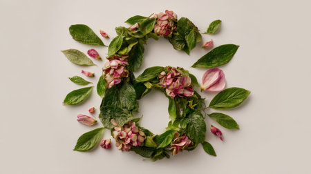 This stunning floral arrangement features vibrant green leaves intertwined with delicate pink blooms, creating a harmonious and elegant composition.の素材