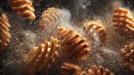 Experience a delightful scene of crispy potato waves coated in seasoning, captured amidst a smoky atmosphere, showcasing culinary creativity.の素材